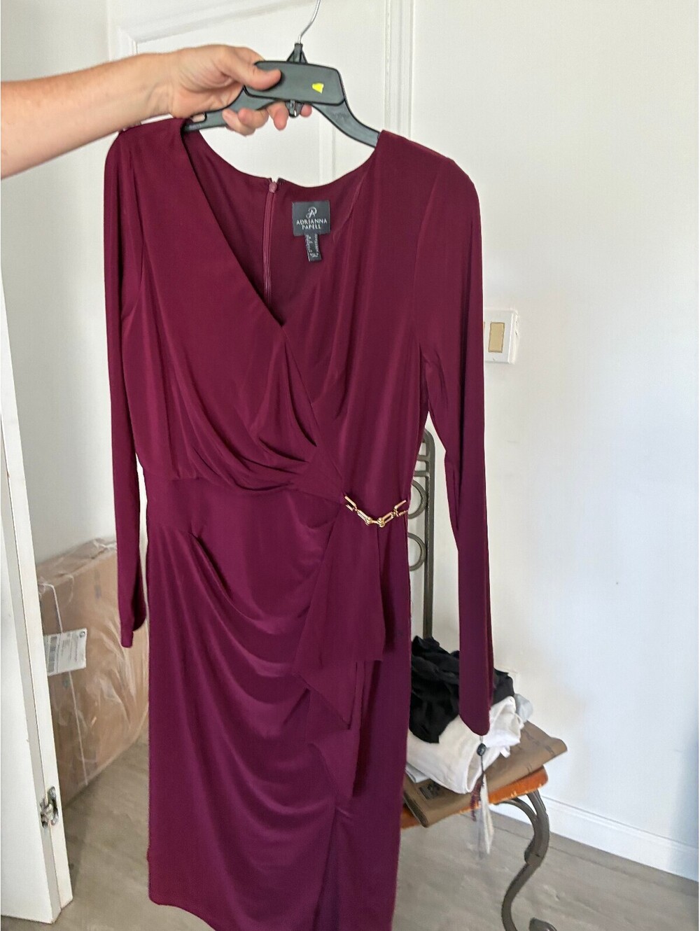 Adrianna Papell Wine Burgundy Long Sleeve Wrap Dress Ruched Gold Hardware Sz 12 - Picture 3 of 7